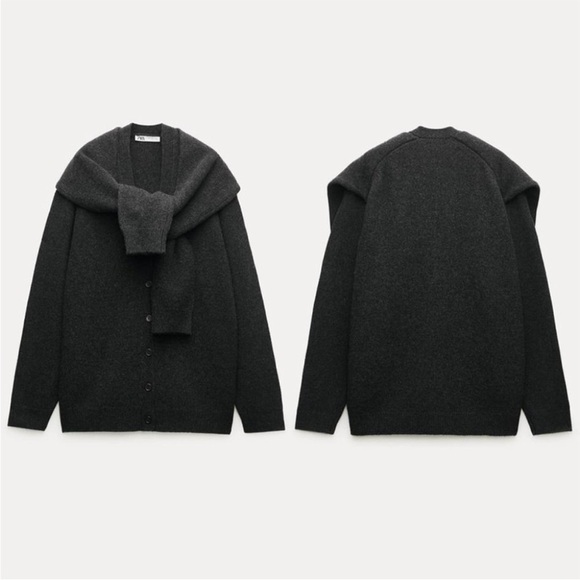 Zara 100% Wool Oversized Preppy Knotted Charcoal Grey Warm Cozy Sweater Cardigan - Picture 6 of 12